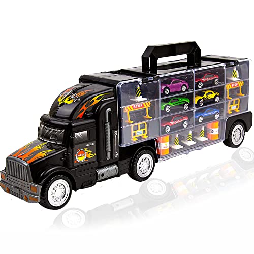 Toysery Transport Car Carrier Truck Toy. 20 inch Truck Toy with 6 Stylish Racing Cars, 28 Storage Slots and Roadside Accessories