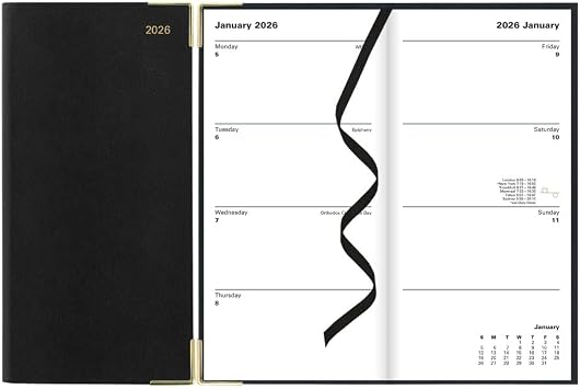 Letts of London 2026 Classic Weekly/Monthly Planner, 12 Months, January to December, Gold Corners, Vertical, Slim Size, 6.625" x 3.25", English, Black C32SUBK-26
