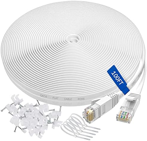 UDATON Cat 6 Ethernet Cable 100 Ft, High Speed Flat Ethernet Cable 100ft, Rj45 Internet Computer LAN Cable, Cat 6 Long Ethernet Cable for PS4,Box,Gaming Switch-White(Free Cable Clips and Straps)