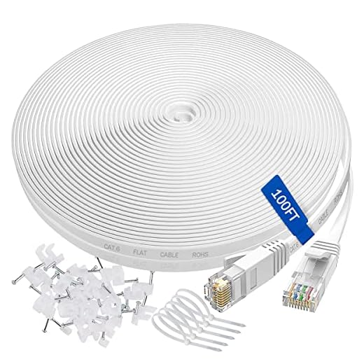 UDATON Cat 6 Ethernet Cable 100 Ft, High Speed Flat Ethernet Cable 100ft, Rj45 Internet Computer LAN Cable, Cat 6 Long Ethernet Cable for PS4,Box,Gaming Switch,WiFi-White(Free Cable Clips and Straps)