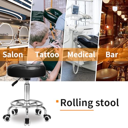 Image of Rolling Stool PU Leather Round - Ultra Soft Padded Seat Cushion Stool with Wheels with Footrest, Weight Capacity 300lb,Adjustable Height Stool for Tattoo Massage Salon Medical Spa Center (Jet Black)