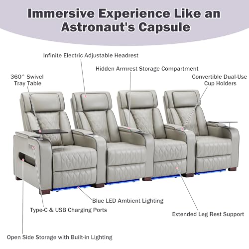 Image of GUEAPY Power Reclining Sofa Home Theater Seating with Adjustable Headrest, Breathable Leather Electric Recliner with LED Lighting, Cup Holders, USB Charging & Tray Table, Row of 4