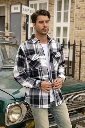 Image of Cromoncent Mens Boys Thick Flannel Shirt Long Sleeve Shirt Jacket Casual Button Down Multi Pockets Shacket