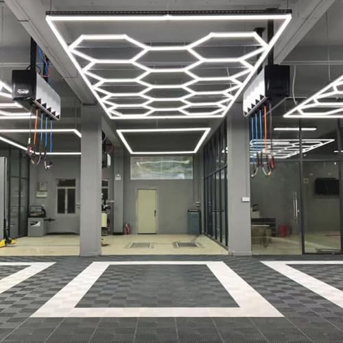 AKPHBKFG Luci esagonali a LED con Kit di Sospensione,plafoniere a LED, 6500K, Illuminazione a griglia 2,4x4,8 m, per Garage, officine,scantinati, Illuminazione per Sale Giochi e palestre 14-Hex