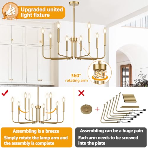 Lynnoland 8-Light Farmhouse Chandelier for Dining Room Lighting Fixtures Hanging, Brass Dining Light Fixtures Industrial Chandelier for Bedroom, Foyer, Hall, Kitchen, Living Room and Entryway