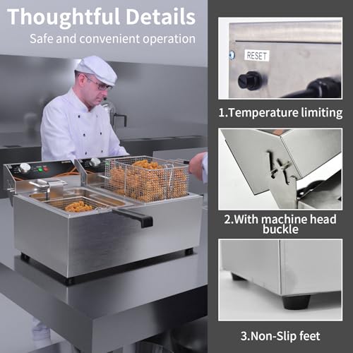 DULNICE Fritteuse Commercial Elektro-Fritteuse 8L*2, Elektrische Friteuse mit Fett 3000W*2 Doppeltem Korb & Deckel, Edelstahl Fritteusen leicht zu reinigen 60°C-200°C Fritteuse Mit öl für Küche – Bild 5