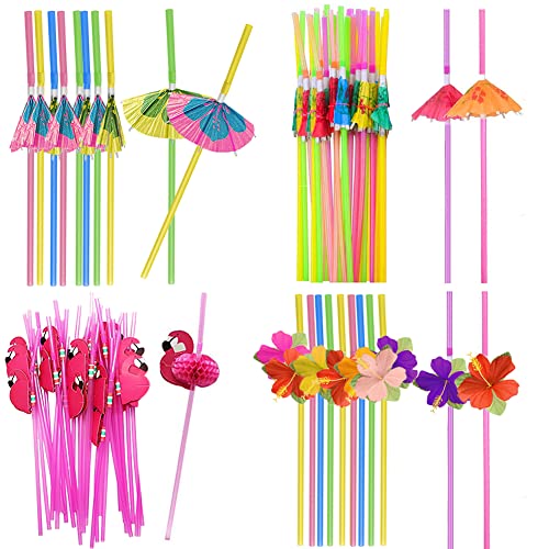 4 Dozen Assorted Tropical Drinking Straws Luau Wedding Hawaiian Umbrella Flamingo Flower