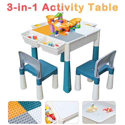 KORIMEFA Table de Construction 3 en 1 Table de Jeu pour Enfants, Comprenant 2 Chaises et 120 Large Briques, pour Enfants de Plus de 3 Ans
