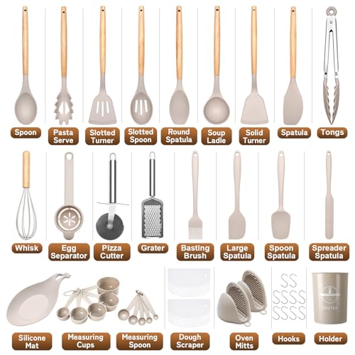 Silicone Kitchen Utensils Set 43 PCS for Cooking, Spatula Set with Wooden Handle, Cookware Nonstick Heat Resistant Kitchen Gadgets. Kitchen Tools with Holder (Khaki) - Image 4
