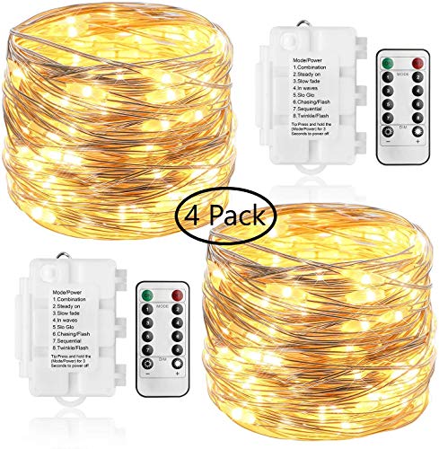 KooPower 4Stk 100LED Batterie Silberdraht Lichterketten mit Fernbedienung und Timer, 8 Modi IP65 Wasserdicht DIY Lichterkette für Weihnachten, Garten, Hochzeit, Außen, Inhen Dekoration-Warmweiß