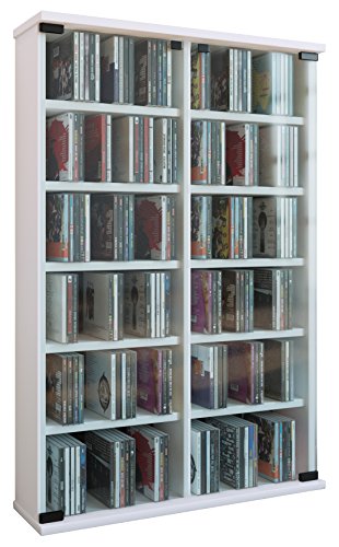 VCM CD Schrank Holz mit ESG-Sicherheitsglastüren für 300 CDs oder 130 DVDs oder 72 Videos | Maße: H. 92 x B. 60 x T. 18 cm | Elegantes Blu-ray & DVD Möbel — Roma Weiß