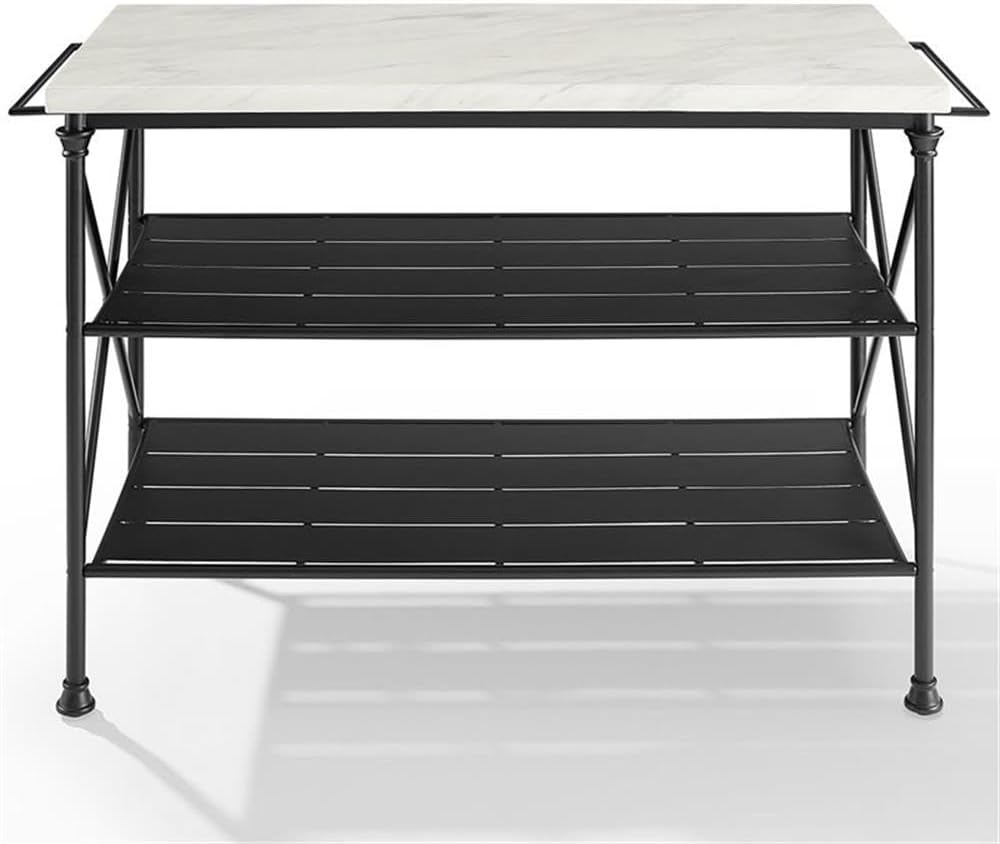 Pemberly Row Kitchen Island, Matte Black Steel Base, White Faux Marble Top, 53.25" W x 24" D x 36" H, 2 Shelves, Towel Bars, Industrial Style for Kitchen Storage and Prep