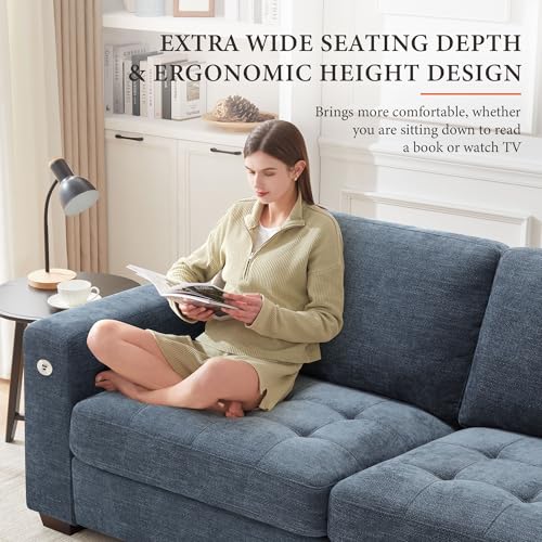 Image of Ihanherry 2-Seater Couch with Extra Large Sofa Seat Width & Depth, USB /Type-C Charging Port & Side Pocket, Modern Sofa for Living Room, Removable Medium Firm Cushion, Breathable Chenille(89inch, Blue)
