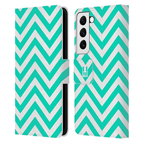 Étui portefeuille Samsung S22 5G Head Case Designs Sarcelle Neon Zigzag en cuir véritable