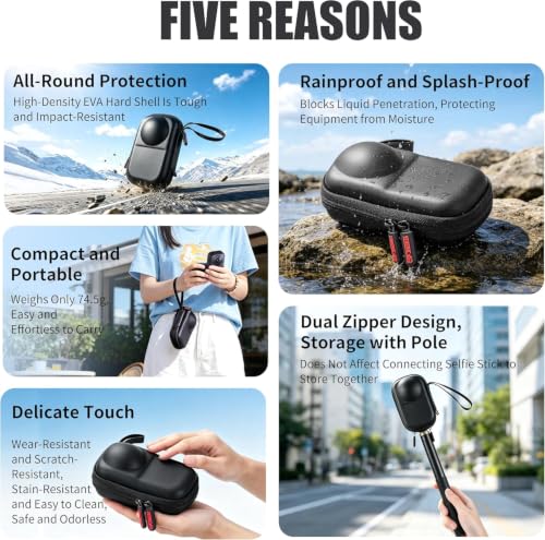 Image of Portable Carry Bag for Insta 360 X6, Water Resistant & Scratch Protection with Lightweight Storage & with Carabiner /Wrist Strap Black (Only Case)