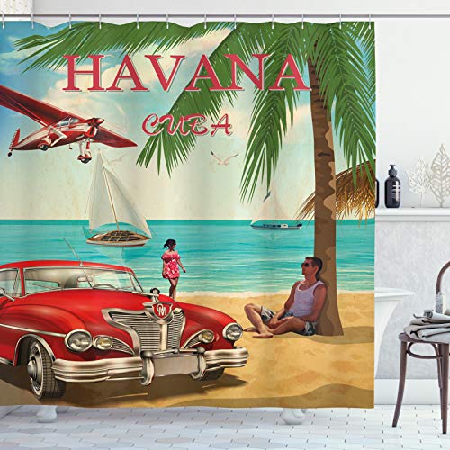 ABAKUHAUS Reise Duschvorhang, Retro Havana Kuba Auto Strand, Stoffliches Gewebe Badezimmerdekorationsset mit Haken, 175 x 200 cm, Rot Beige