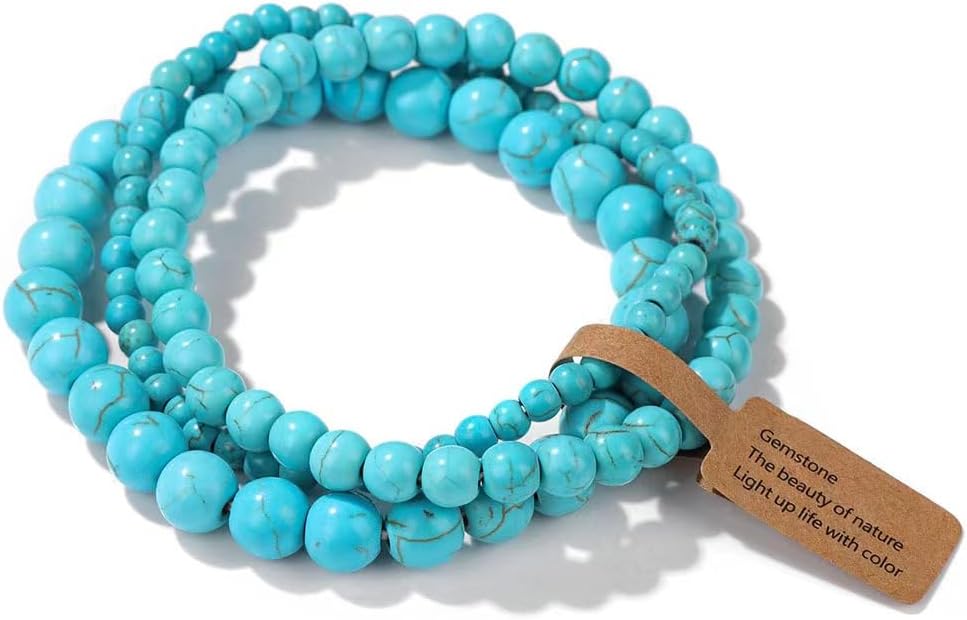 3Pcs Healing Crystal Turquoise Bracelets for Women Men 8mm 6mm 4mm Natural Stone Beaded Stretch Bracelet Jewelry Gifts for Women Girl