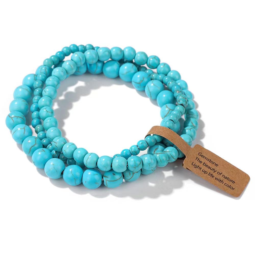 CINSKYING3Pcs Healing Crystal Turquoise Bracelets for Women Men 8mm 6mm 4mm Natural Stone Beaded Stretch Bracelet Jewelry Gifts for Women Girl (T1-Turquoise)