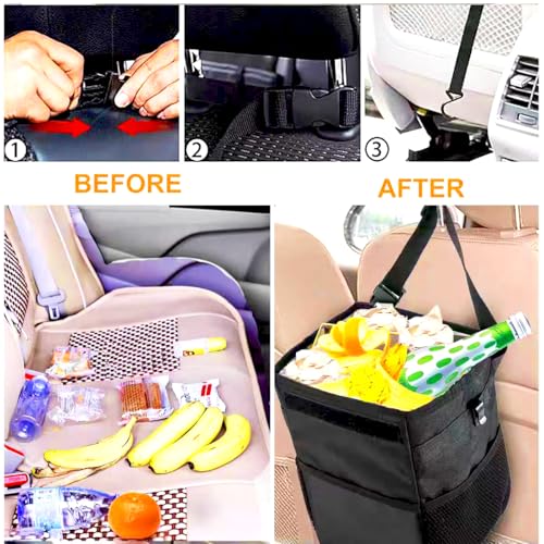 Image of LUO&GEFIK Car Trash Can with Steel Bars & Leak-Proof Lining - Foldable 2 Gal Vehicle Garbage Bin, Adjustable Strap for SUV /Truck, Storage Pockets for Car Organizing (Black).