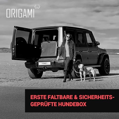 1one1 ORIGAMI Hundetransportbox Auto Alu Size Small | Alu Hundebox Auto Kofferraum | Hundebox faltbar per Knopfdruck & Crash-getestet | Transportbox Hund aus Aluminium & Textil