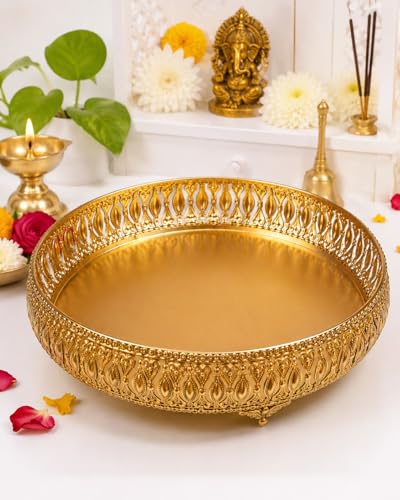 Image of Gold Finish Decorative Tray with Legs for Home Decor, Metal Serving Tray, Vintage Embossed Round Puja Thali, Centerpiece Bowl for Coffee Table, 8 Inch Decorative Tray for Gifting (Only Tray Included)