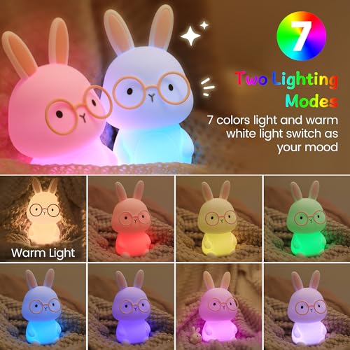 Image of FAMIDUO Bunny Night Light, Squishy Silicone Touch Rabbit Lamp for Kids Baby | Color Changing LED RGB Nursery Lamp, 3-Level Dimmable with 30Min Timer Auto-off. Xmas Easter Gift for Kids, Baby Room Decor