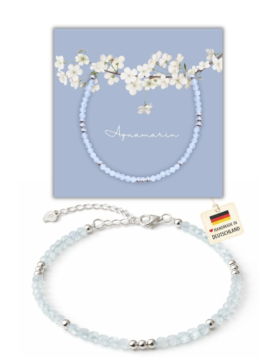happymaker - Aquamarin Armband echt mit Sterling Silber Perlen, Perlenarmband mit Verschluss, Heilsteine Armband mit Geschenkverpackung, handmade in Deutschland