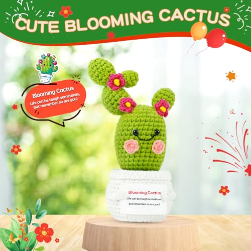 Cactus positivo PinCute floreciente de ganchillo hecho a mano con tarjeta 2