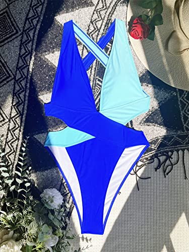 Meetall High Cut Cheeky Color Block Swimsuits For Women Sexy One Piece Bathing Suit For Women Cutout Monokini Cute Swimwear Cyan Blue Size S #TOP3