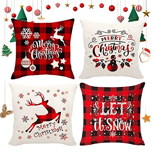 4 Pièces Housse de Coussin Noel,Coussin Taie Oreiller Noël,45x45cm Taie d'oreiller Coussin Lin Coton,Housse de Coussin Noel Thème de Noël Housse de Coussin pour Décoratifs Canapé Chambre Coucher Cover