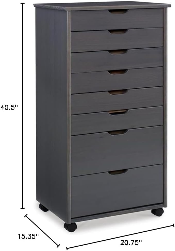 Riverbay Furniture 8-Drawer Wood Storage Cart, Gray UV Varnish Finish, 20.75"W x 15.35"D x 40.5"H, Solid Elliotis Pine, Mobile Cart with Casters, Transitional Style for Office, Kitchen, or Bedroom Use