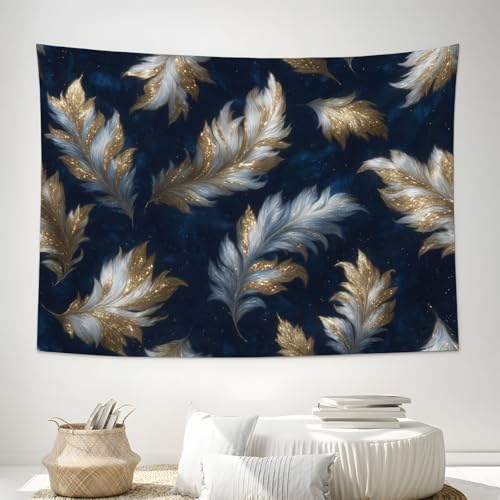 Tapisserie murale plumes d'or grand format textile facile à suspendre