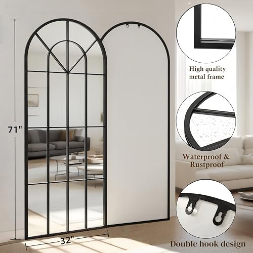 Image of Dewfig Arched Windowpane Floor Mirror, 71 inchx 32 inch Full Length Mirror, Black