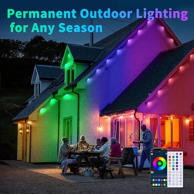 50ft Permanent Outdoor RGB Lights with App Smart LED String Light Remote Control Outdoor Hanging Party Light Waterproof Color Changing Outside Lights for Yard Holiday Christmas House Roof Patio