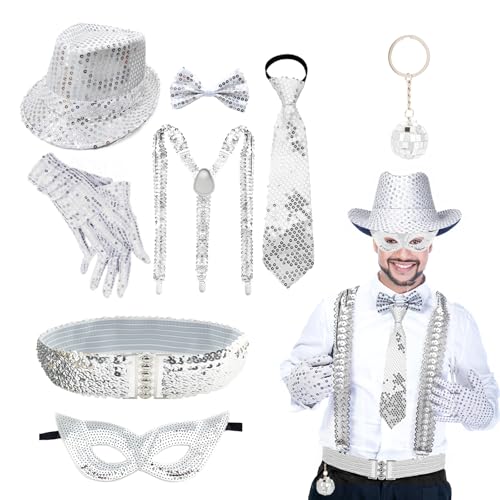 8 Accessoire Disco Costume Paillette Homme Accessoire Paillette Homme Accessoire-s Disco avec Chapeau Paillete Cravates Masques pour Les Yeux Nœuds Papillon Bretelles en Y Gants Porte Clés Ceintures