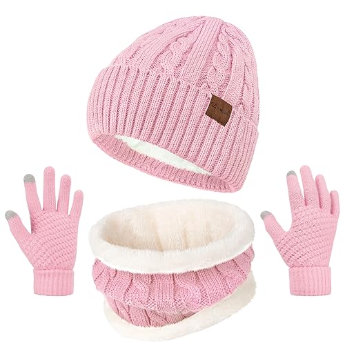Womens Beanie Hat Scarf Touch Screen Gloves Set for Women Warm Knit Fleece Lined Skull Caps Neck Warmer Gifts,D-Pink