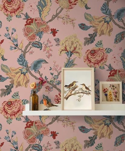 Image of Wallpaper Peel and Stick Vintage Flowers Leaves Birds Pattern Design Botanical Tropical Floral Textured Butterfly Wall Decor Removable Waterproof Adeshive Wallpaper 16.5X87Inch