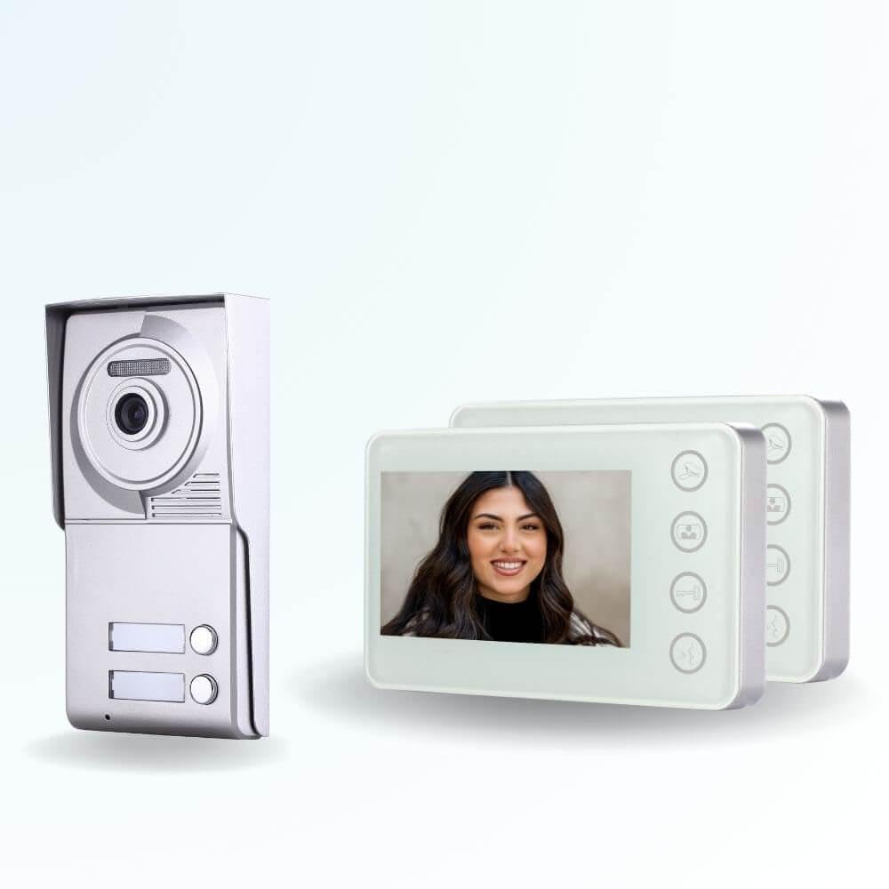 Interphone vidéo 2 fils Neo pour maison bi-famille et deux moniteurs blancs