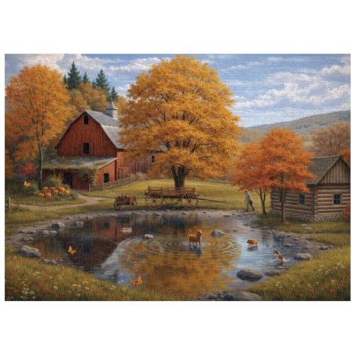 Soulchen 1000-piece fall barn pond jigsaw puzzle with autumn scene — a screen-free table puzzle, not a saw