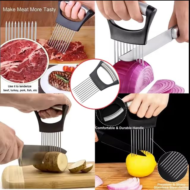 Soporte de cebolla y herramienta cortadora de alimentos – Acero inoxidable para cortar verduras y frutas para un corte fácil y seguro (negro) 6
