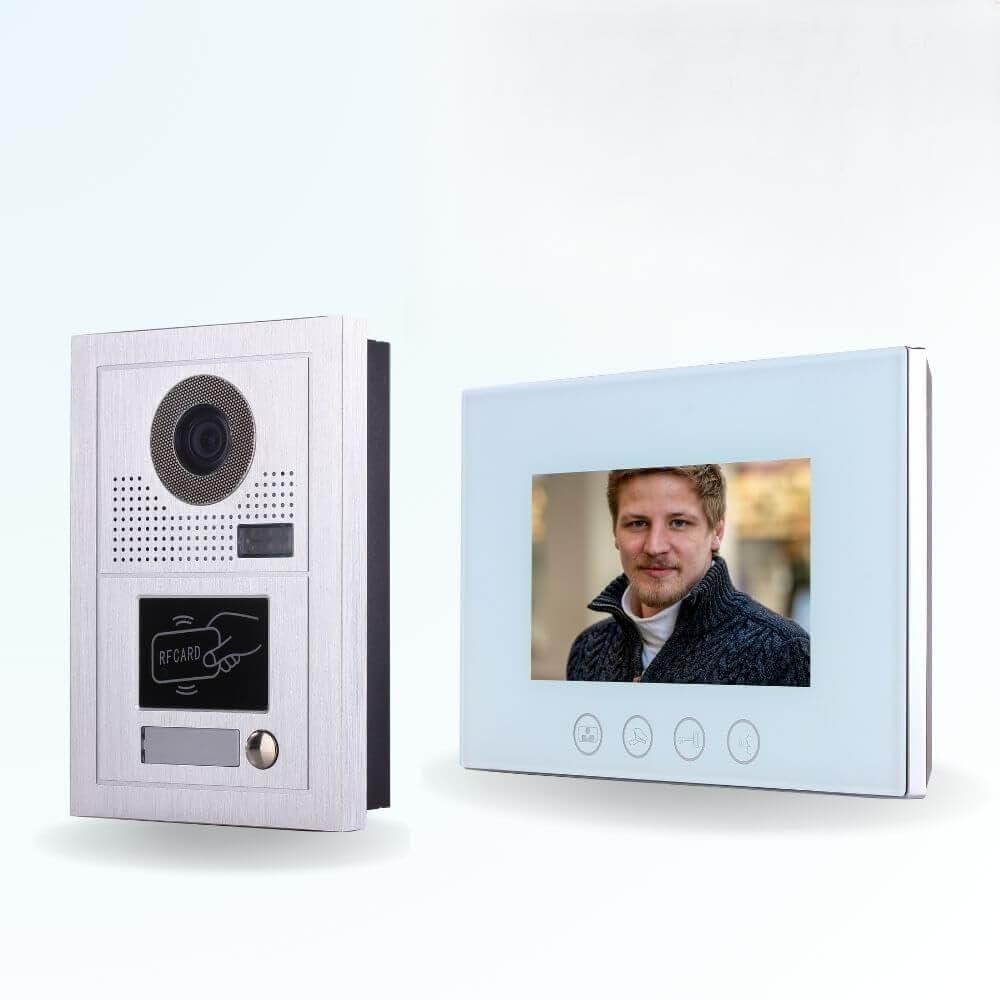 Portier interphone vidéo Classic-2 4 Fils - 1 écran Blanc 7" - avec mémoire Photos - avec Lecteur de Badge