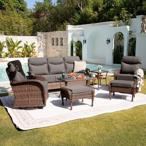 Belord Upgraded 6“ Cushion Luxury Patio Furniture Set - 7 Piece Wicker Furniture Set, Comfort Outdoor Couch and High Back Swivel Rocker Patio Chairs, Conversation Set for Deck Porch - Brown/Grey