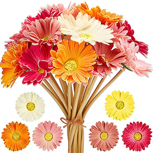 WILLBOND Artificial Gerbera Daisies Flowers Fake Daisy Faux Flowers Bouquet 15 Inch for Wedding Bridal Bouquet Party Home Kitchen (White, Pink, Yellow, Orange, Rose, Coral, 12 Pieces)