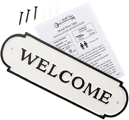 Auldhome Cast Iron Welcome Sign; Rustic Farmhouse Metal Plaque In Black And White 11.9 X 3.6 Inches; Includes Mounting Hardware #TOP4