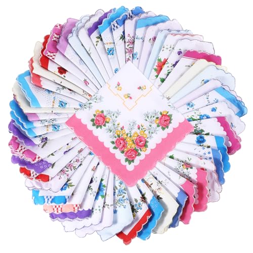 JJUNW 50 pcs Hankies with Vintage Floral Print, 11.8" Cotton