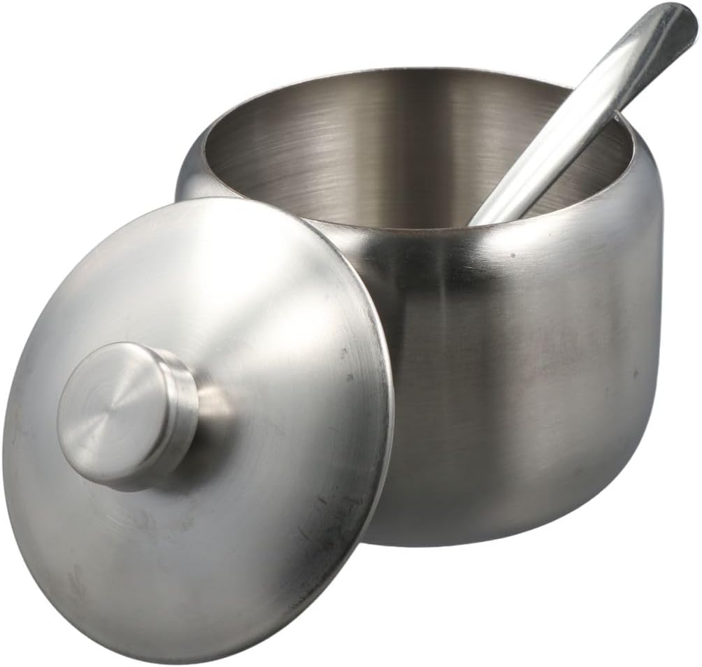Sugar Bowls 430ml Stainless Steel Sugar Bowl with Lid and Spoon Salt Pepper Spices Bowl Spice Jar Seasoning Pot Condiment Container for Home Kitchen