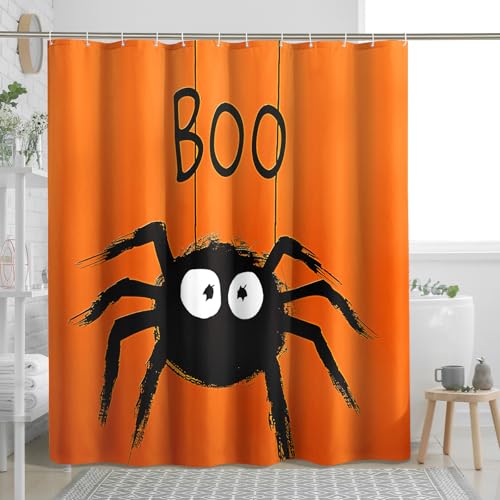 Tenda da doccia per Halloween, tenda da doccia arancione nera ragno per decorazione del bagno, festival autunnale divertente tenda da doccia in tessuto impermeabile con ganci 183 x 183 cm