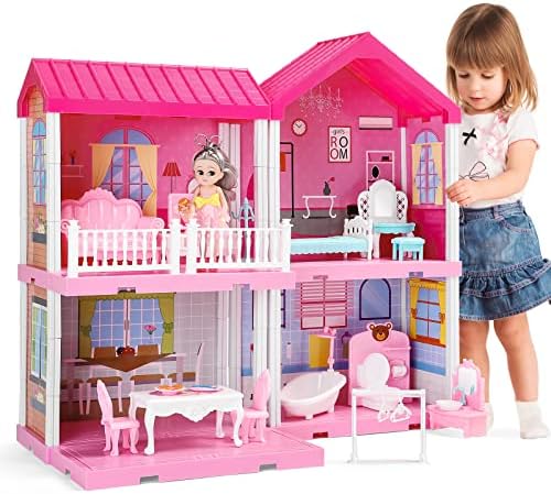 TEMI Dollhouse Dreamhouse Girls Pretend Toys - Doll Figure with Furniture, Accessories, Stairs, Pets and Dolls, DIY Cottage Pretend Play Doll House, for Toddlers, Boys & Girls(4 Rooms)