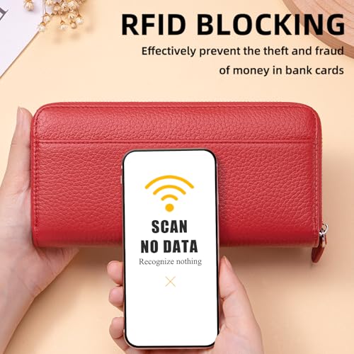 Image of RFID Blocking Womens Zipper Wallet Leather Large Capacity Billfold Clutch Zip Around Wallets for Women