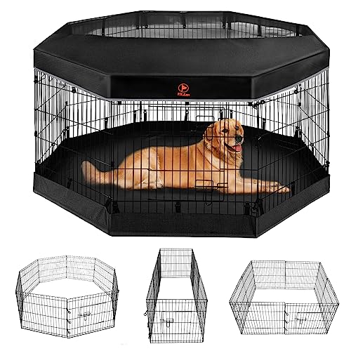 Pjyucien Dog Playpen - Metal Foldable Dog Exercise Pen, Pet Fence Puppy Crate Kennel Indoor Outdoor With 8 Panels 30”H & Top Cover And Bottom Pad For Small Medium Pets #TOP1